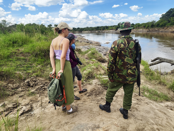 Tourists on a walking safari in Kenya