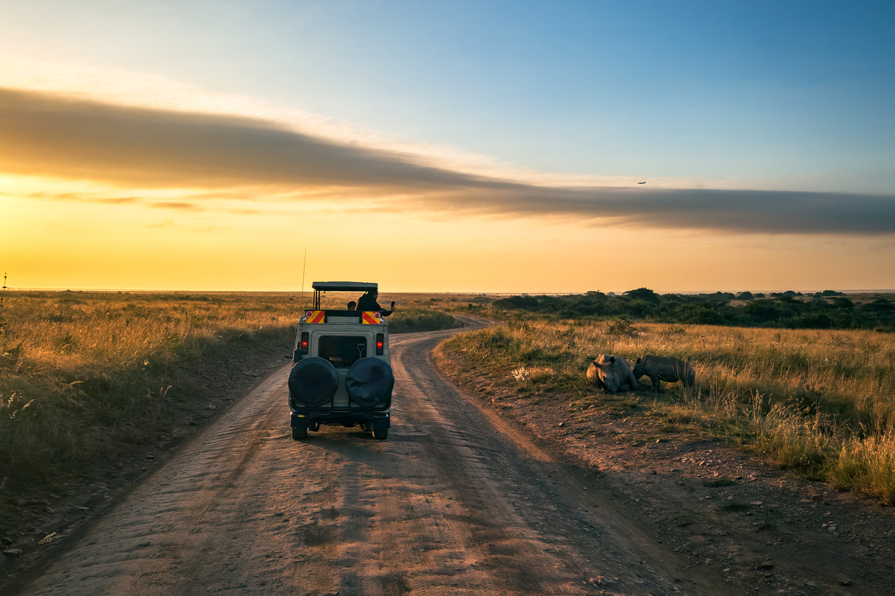 Safari jeep on road in sunset