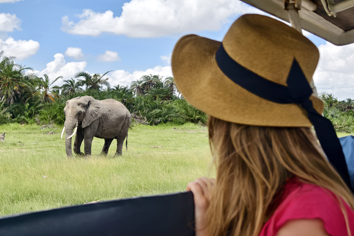 Woman watching elephant in Amboseli